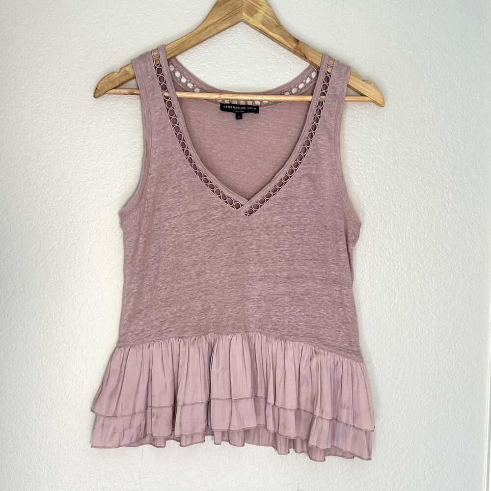 Generation Love Mauve Linen Tank, Crochet Trim‎ Ruffles Coquette Romantic XS